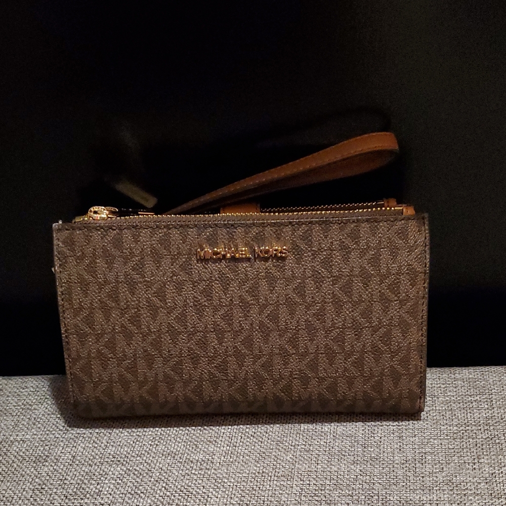 Michael Kors Brown Monogram Wristlet with Gold Accents